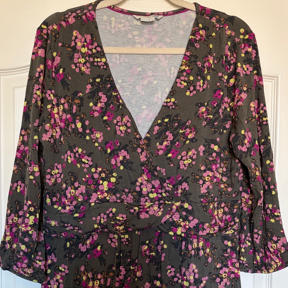 Boden olive green pink Multicolor Floral Jersey dress sz 16 16L fit flare 3/4 sl